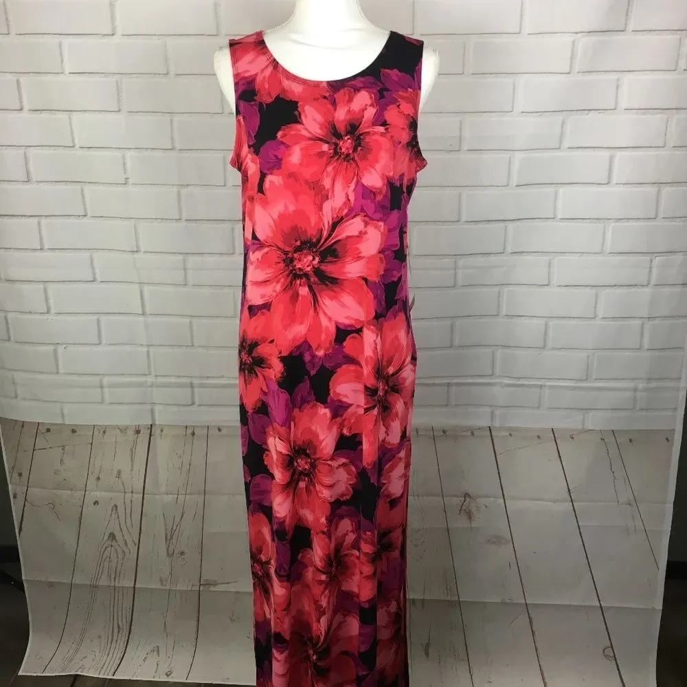 Red Floral Sleeveless Boat Neck Maxi Dress size M medium NWT